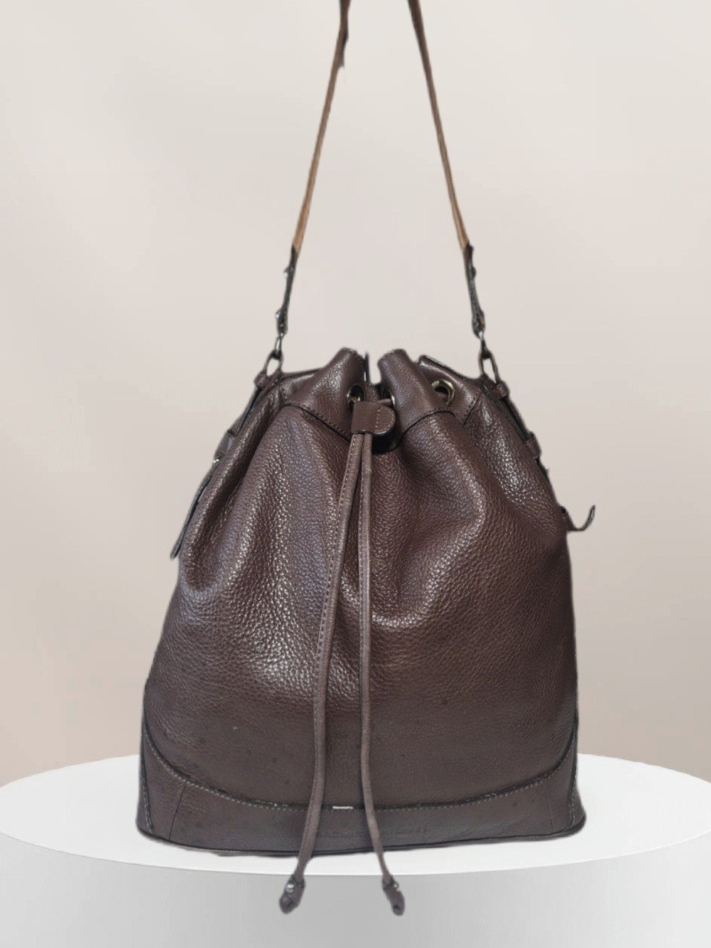 Isaac Mizrahi Dark Brown Pebbled Leather Drawstring Shoulder Bag